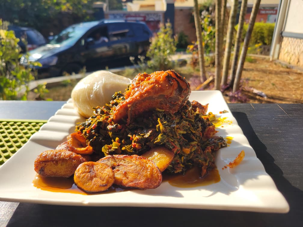 Swallow served with Nigerian vegetable soup